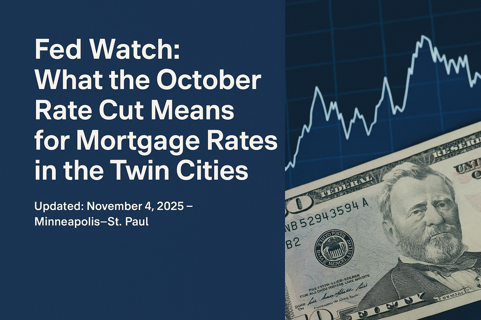 Graph showing fluctuating interest rates alongside U.S. currency, representing changes in mortgage rates following the Federal Reserve’s recent rate cut.